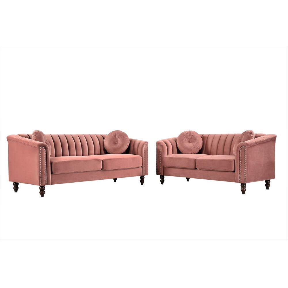 Uspridefurniture Velvet Nailhead Trim 2 Pcs Living Room Sofa, Rose
