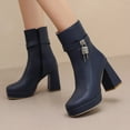 thumbnail image 2 of Women's Boots Thick-Soled Square Toe Mid Calf Boots Women's Fashion Casual Versatile Comfortable Booties Fall Winter Warm Shoes Dark Blue 9, 2 of 7