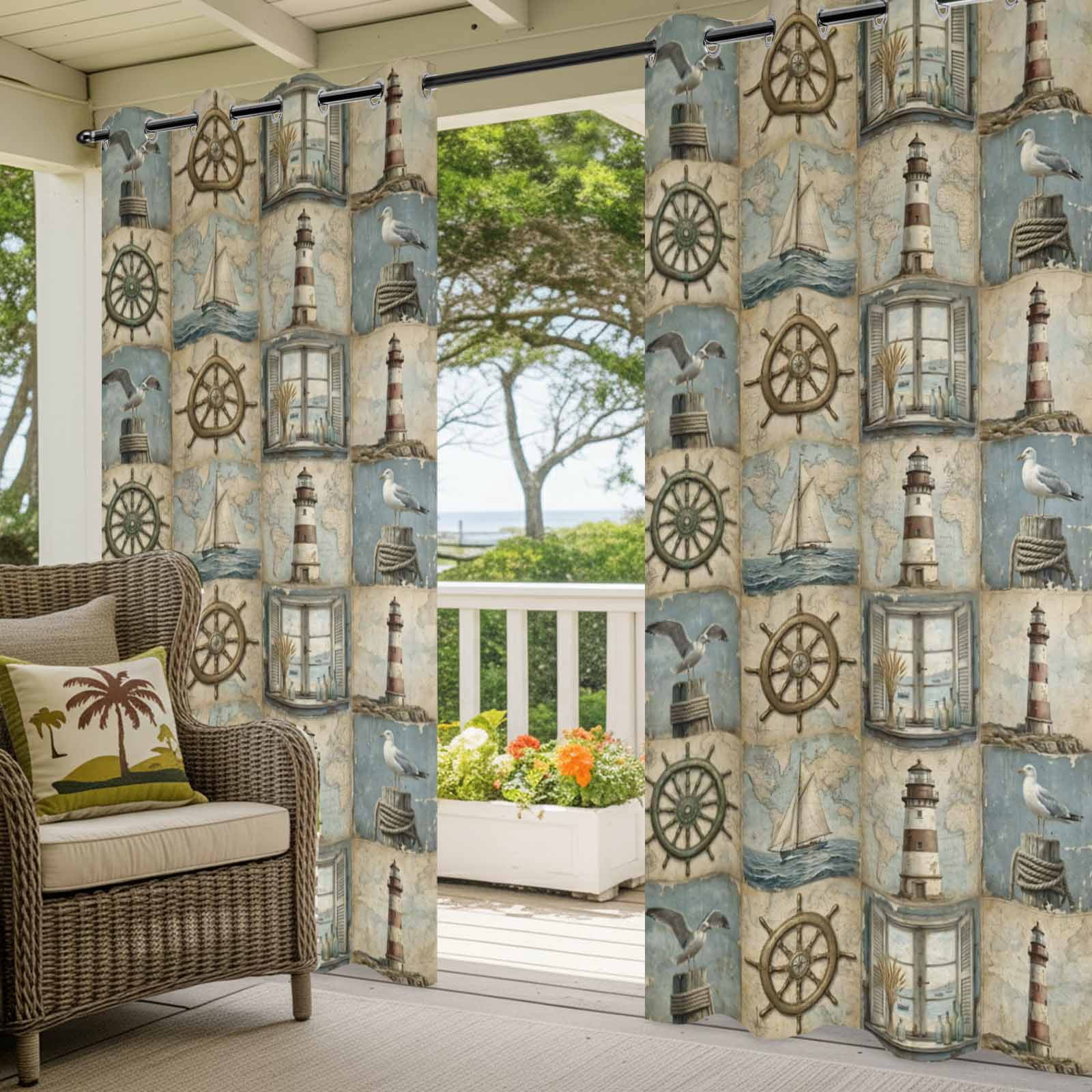Summer Vintage Ocean Outdoor Curtains for Patio, Retro Nautical Compass Seagull Lighthouse Sailboat Sunshade Privacy Drapes Grommet Waterproof Outside Curtains for Porch Balcony 54"x108", 1 Panel