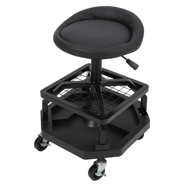 BeesClover Tabouret de Garage Roulant, Tabouret de Mécanicien à Grande Capacité avec Rangement sur Double Plateau à Outils, Hauteur Réglable 149KG Roues Pivotantes à 360° Siège d'Atelier Rembourré, Banc de Travail Robuste pour Atelier