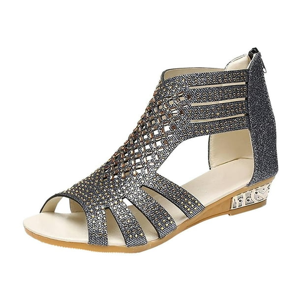 Amzcrzy Zapatos de mujer,Zapatos de mujer,Zapatillas de mujer, Sandalias romanas con punta redonda y cremallera hueca con diamantes de imitación para mujer Sandalias Mujer Zapatillas De Casa