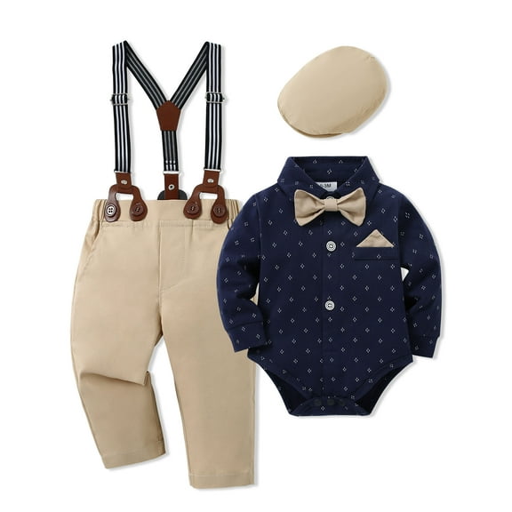 CARETOO Baby Boy Clothes Formal Outfit Suits Long Sleeve Shirts Suspender Pants Bowtie Beret Hat 0-18M