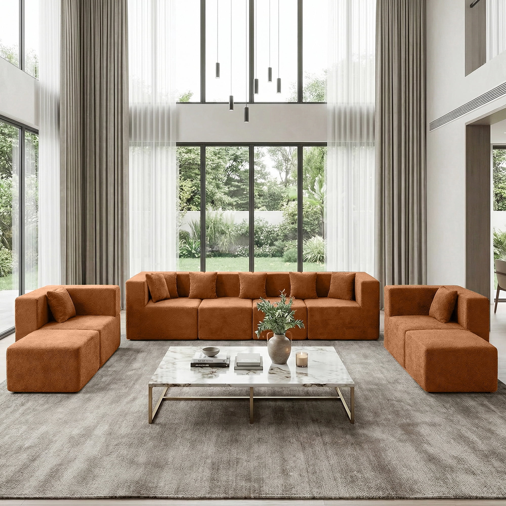 BEHOST 130" 8-Piece Modular Sectional Sofa with Ottomans, U-Shaped Pit Couch for Living Room, ModernTeddy Fabric Cloud Couch Set, Large Sleeper Sofa with Deep Seats, Rust Red