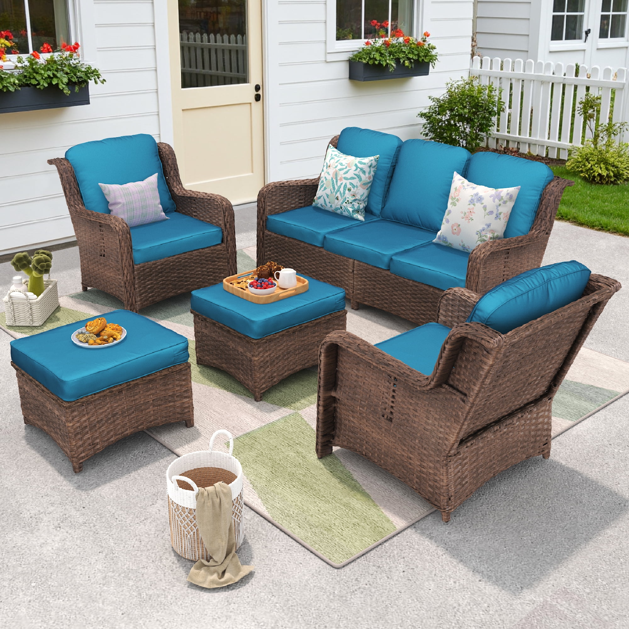 Hzzkey Patio Furniture Set, 5 Pieces Outdoor Sectional Sofa Set, All-Weather Wicker Rattan High Back Patio Conversation Set with Ottoman for Poolside, Backyard, 4.33" Thick Cushions, Peacock Blue