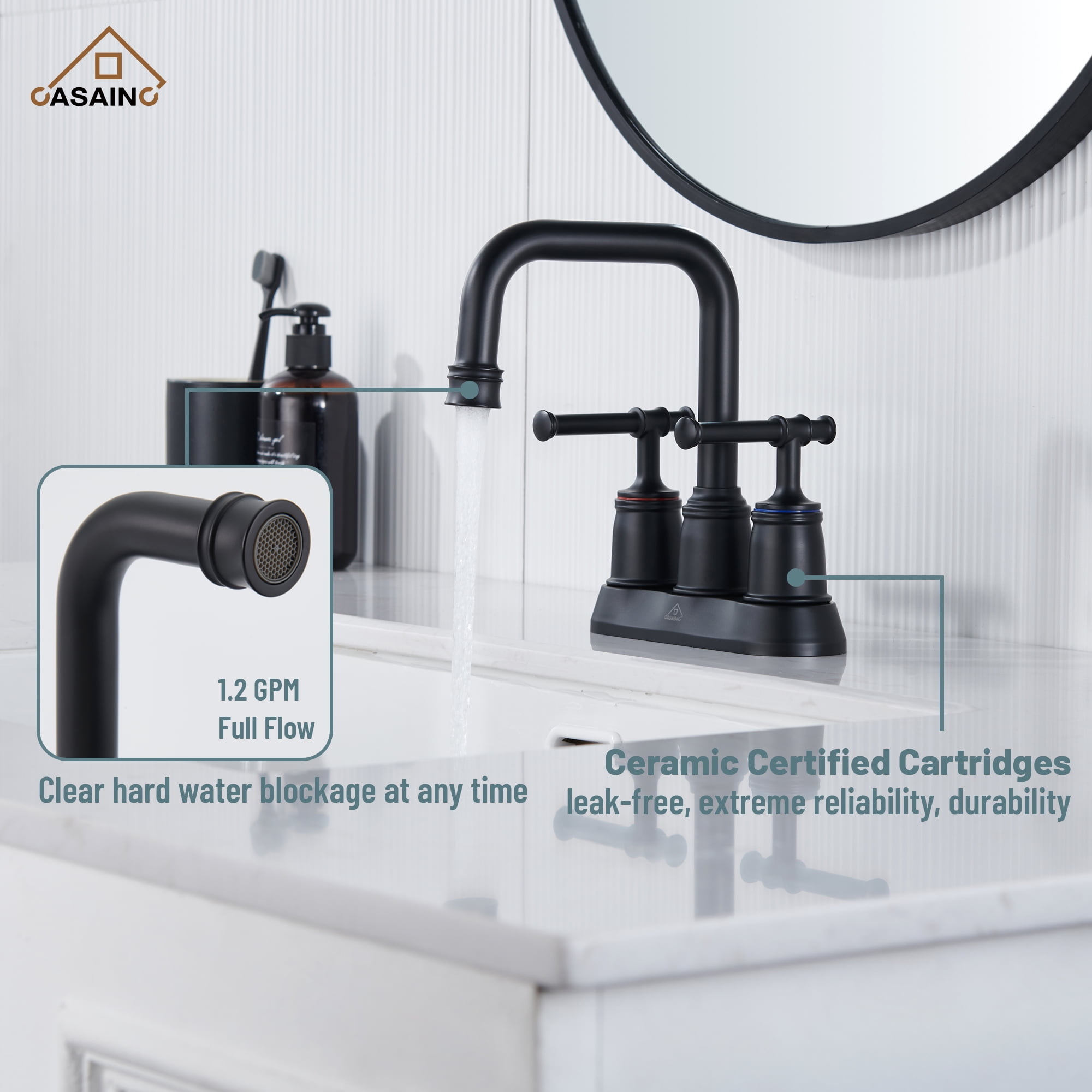 CASAINC 4 in. Centerset Double Handle 2 holes Bathroom Sink Faucet Lavatory Faucet with Stainless steel Drain in Matte Black