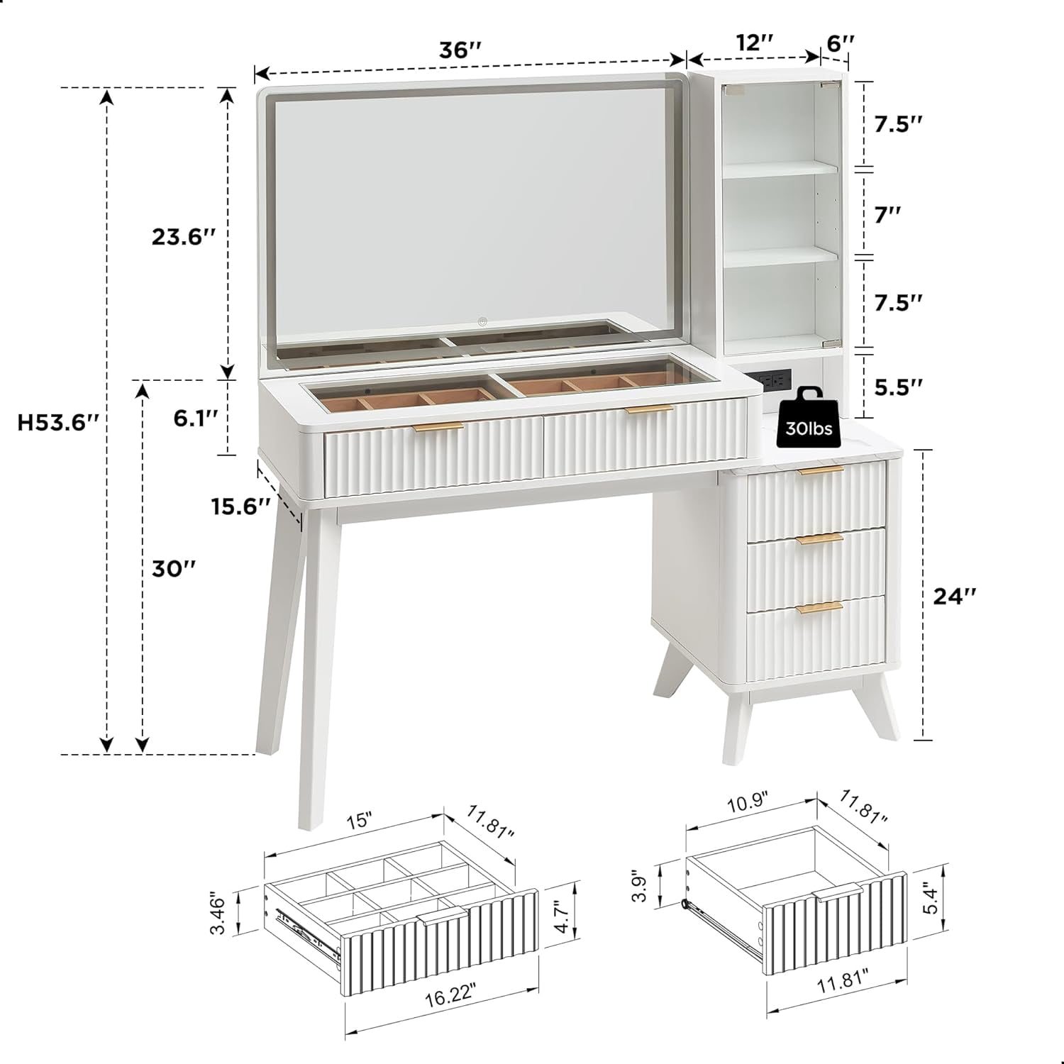 OKD Vanity Table with Mirror and Lights ,Modern Dressing Table 5 Drawers & Adjustable Shelves,Charging Station for Bedroom,White