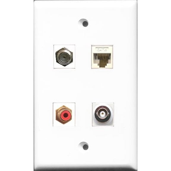 RiteAV 1 Port RCA Red and 1 Port Coax Cable TV- F-Type and 1 Port BNC and 1 Port Cat6 Ethernet White Wall Plate