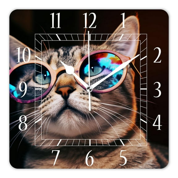 10 Inch Wall Clock Battery Operated Silent Clock Decorative for Office, Kitchen, Outdoor, Living Room,A Cat Wearing Glasses