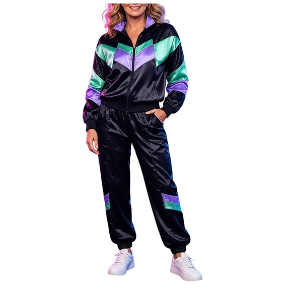 JFOPQVSM Unisex Disco Tracksuit Jacket and Pants Jogging Outfit Retro Two Piece Set