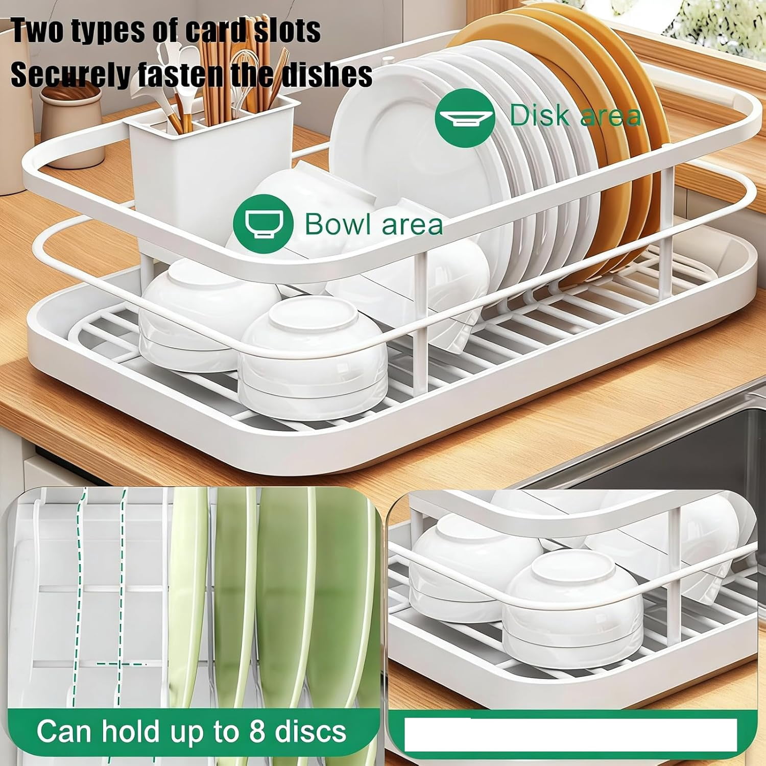 Gold Dish Drying Rack for Kitchen Counter, Stainless Steel Removable Dish Drainer with Cutlery Holder & Drip Tray, Large Capacity for Plates Glasses Utensils Chopsticks Spoons Forks(DSF)