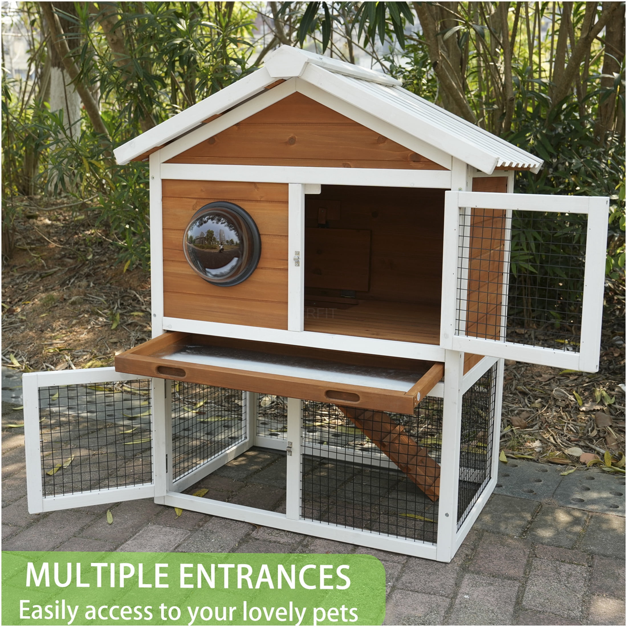 JERFIT Outdoor Rabbit Hutch with Waterproof Roof, 2-Tier Wooden Bunny Cage with Pull-Out Tray & Ramp for Rabbits, Guinea Pigs, Small Animals