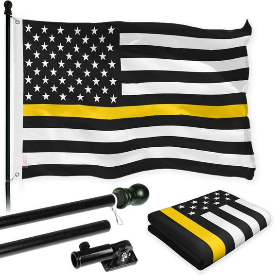 G128 Combo Pack: Flag Pole 6 FT Black Tangle Free & Thin Yellow Line Flag 3x5 FT Brass Grommets Printed Polyester (Flag Included) Aluminum Flag Pole