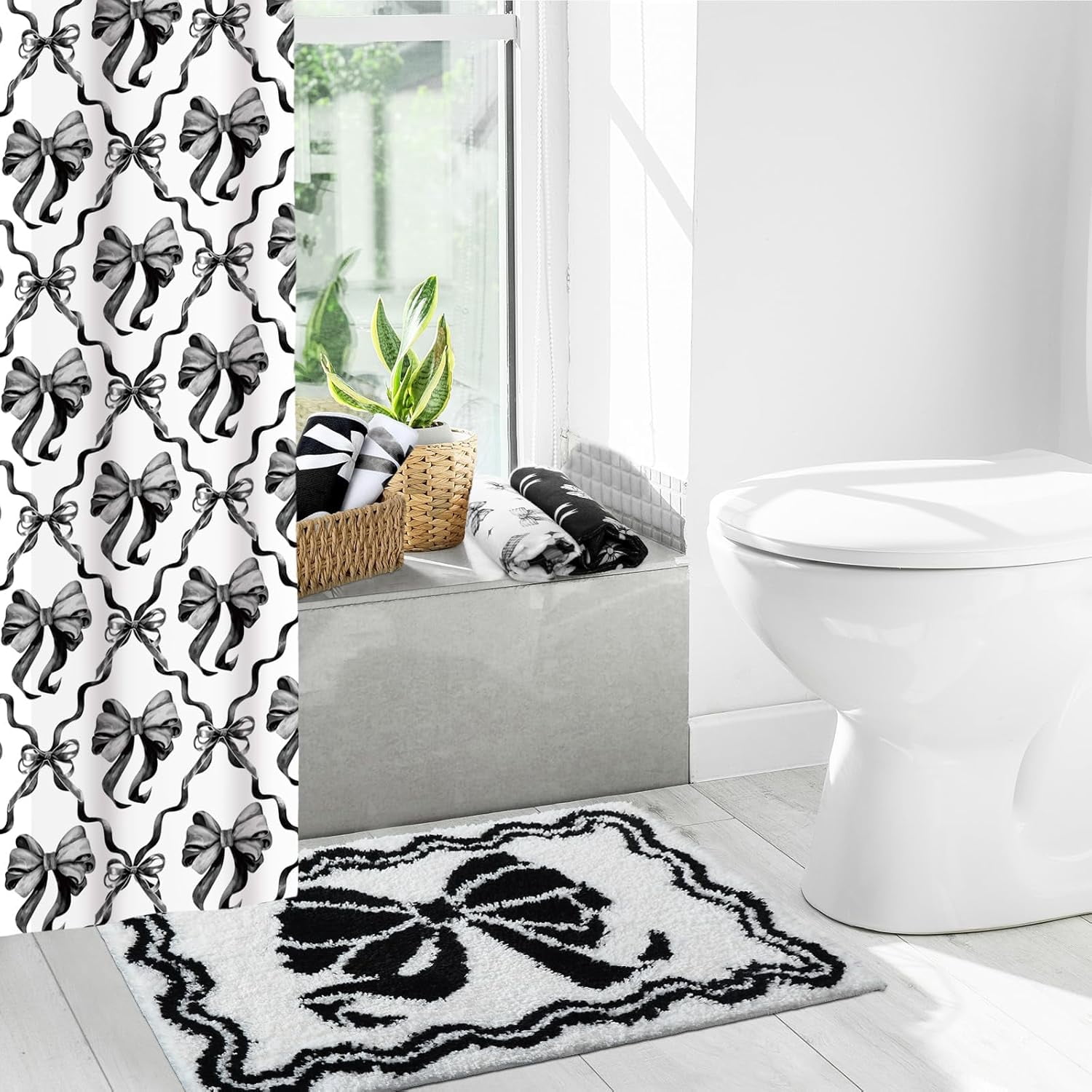 18 Pcs Black Bow Fabric Shower Curtain Set with 12 Decorative Shower Curtain Hooks Black Bow Knot Bathroom Towels Coquette Non Slip Absorbent Microfiber Rug for Modern Aesthetic Bathroom