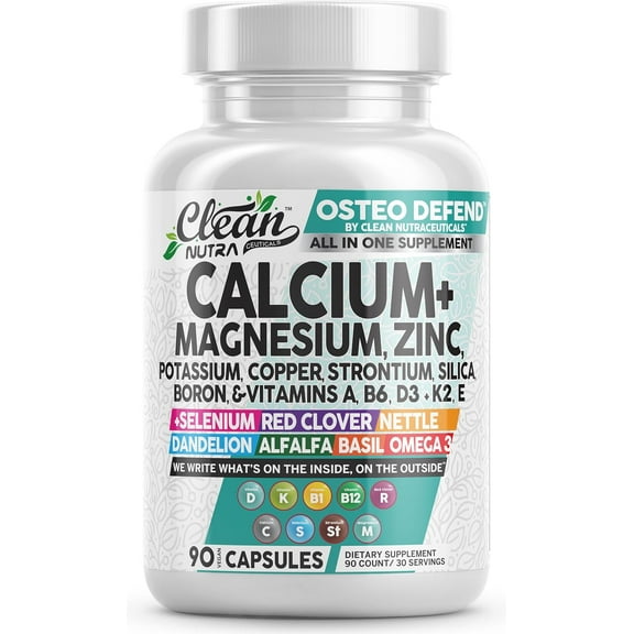 Clean Nutraceuticals Calcium Magnesium Zinc Supplement with Potassium, Copper, Strontium, Silica, Vitamin D3 K2, Boron, Vitamin B1 B12 Red Clover Herb Alfalfa Basil Pills for Men & Women Osteo Defend