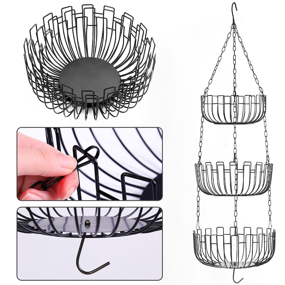 MODANU 3 Tier Hanging Fruit Basket Storage Basket for Kitchen Home, Heavy Duty - Black