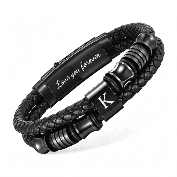DESIGNICE Initial Braided Leather Bracelets for Men-Double-Row Braided Mens Leather Bracelet Adjustable Wristband Initial Bracelet with Stainless Steel Clasp Unique Jewelry Gifts for Husband Dad Son