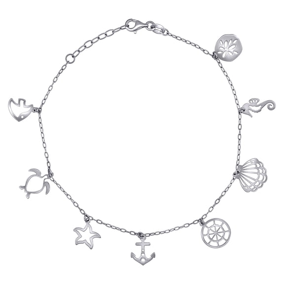 925 Sterling Silver Womens Ocean Life Charms Anklet 10 Inch 15mm Long Anklet for Women - 3.3 Grams