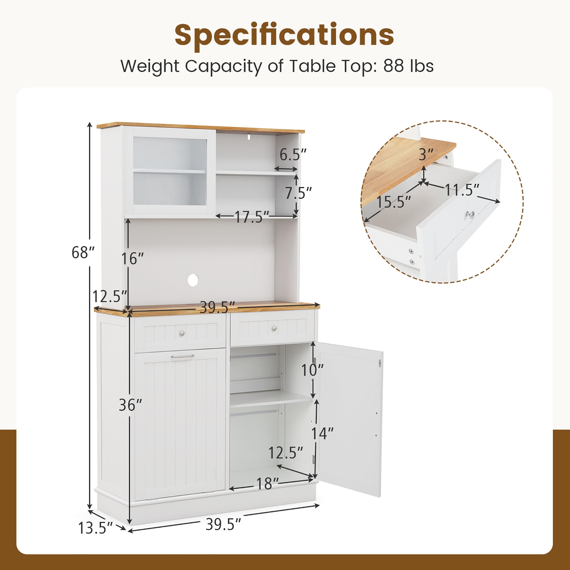 Gymax Double Tilt Out Trash Cabinet w/ Hutch Kitchen Pantry Storage Cabinet White