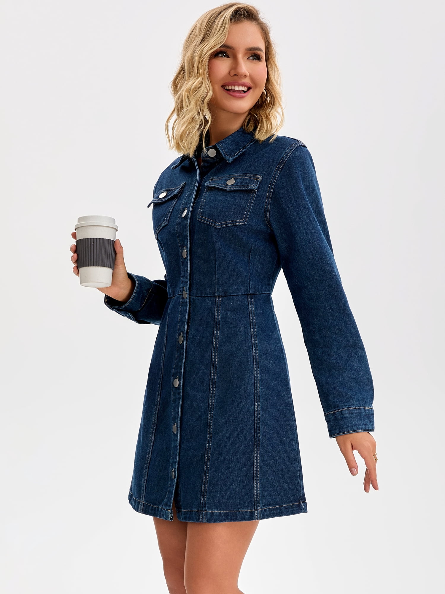 DARING DIVA Women's Button Down Collared Long Sleeve A-Line Jean Dress XL Dark Blue