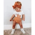 thumbnail image 3 of Newborn Baby Girl Halloween Outfit Baby Boo Short Sleeve Romper +Ribbed Ruffled Shorts +Headband Set Infant Fall Cute Clothes, 3 of 7