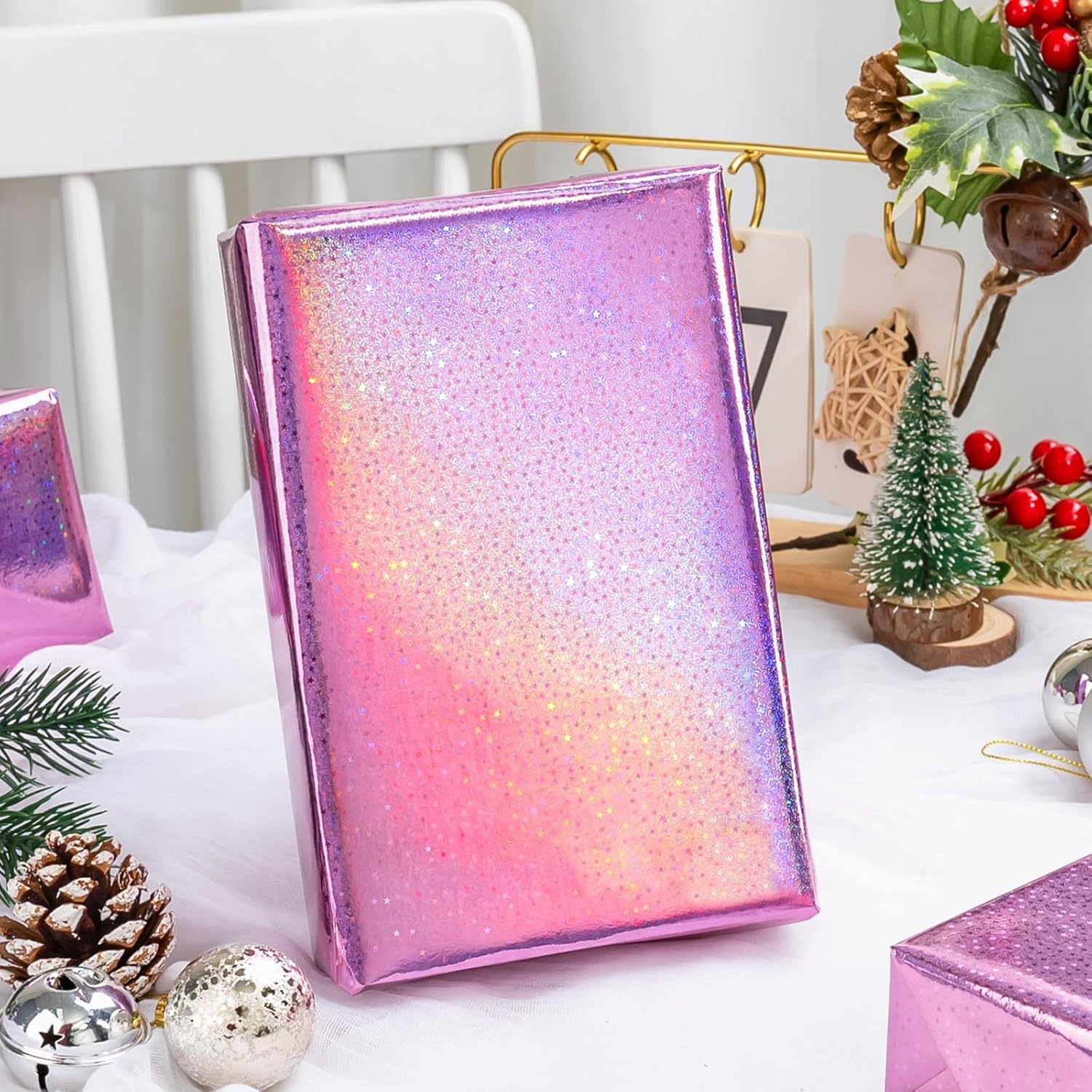 HOMERAL Holographic Star Pink Wrapping Paper - 17in x 32.8ft photo 6