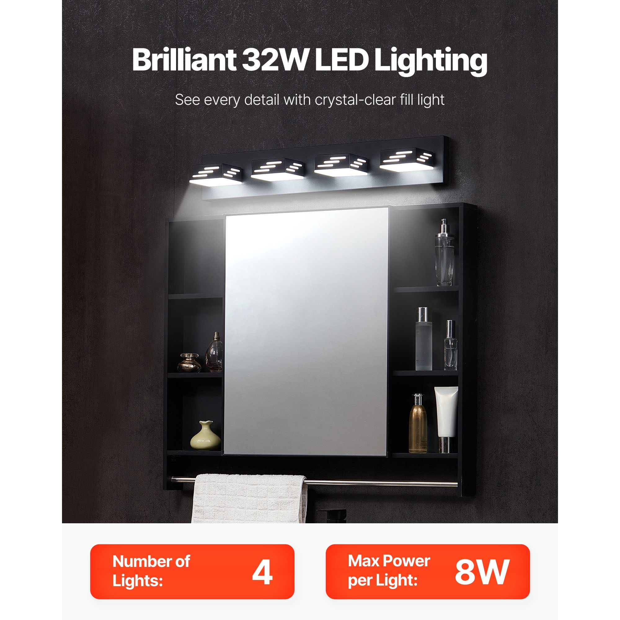 KFFKFF 4-Light LED Modern Vanity Light Fixture, 25.59-Inch, Black Finish Wall Lighting for Bathroom, Living Room, Bedroom, Hallway, Cool White 6000K, IP44 Waterproof