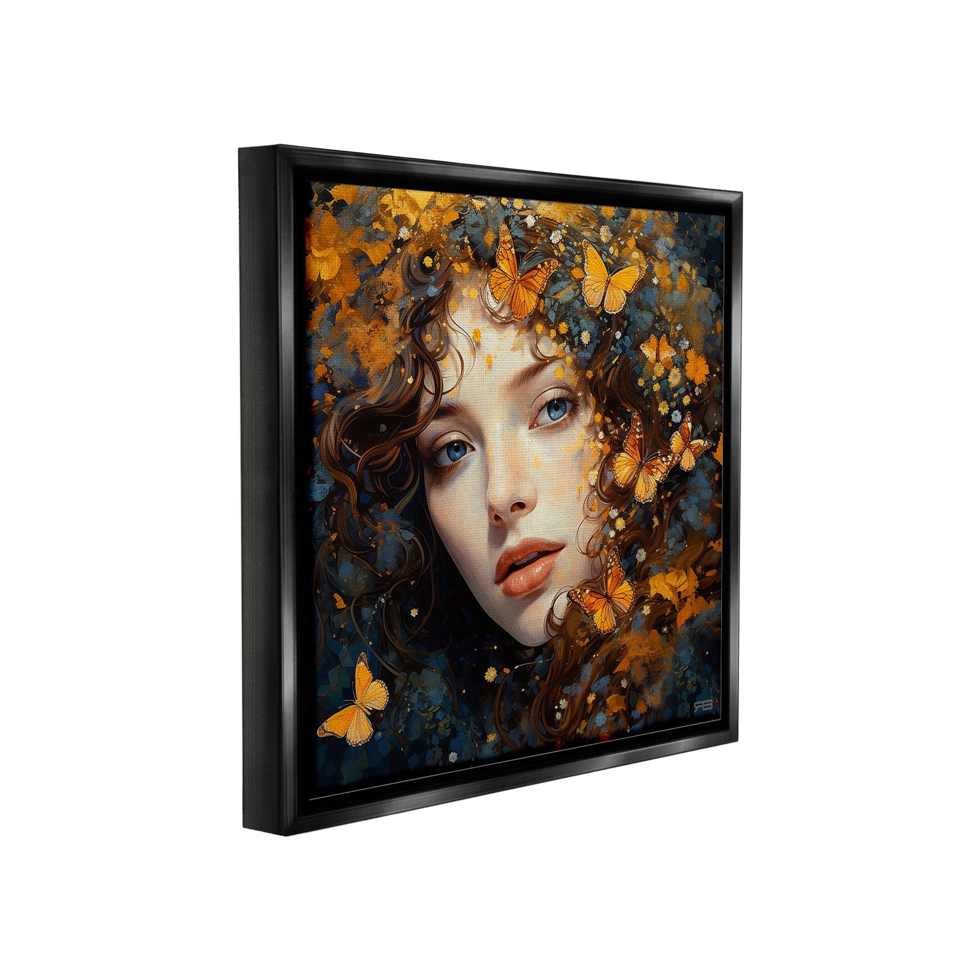 Stupell Industries Woman with Monarch Butterflies Animals & Insects Painting Black Floater Framed Canvas Art Print Wall Art, 25 x 25