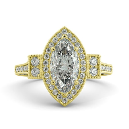 2.40 ct Marquise Cut Classic Moissanite & Round Diamond Engagement Ring 14k Yellow