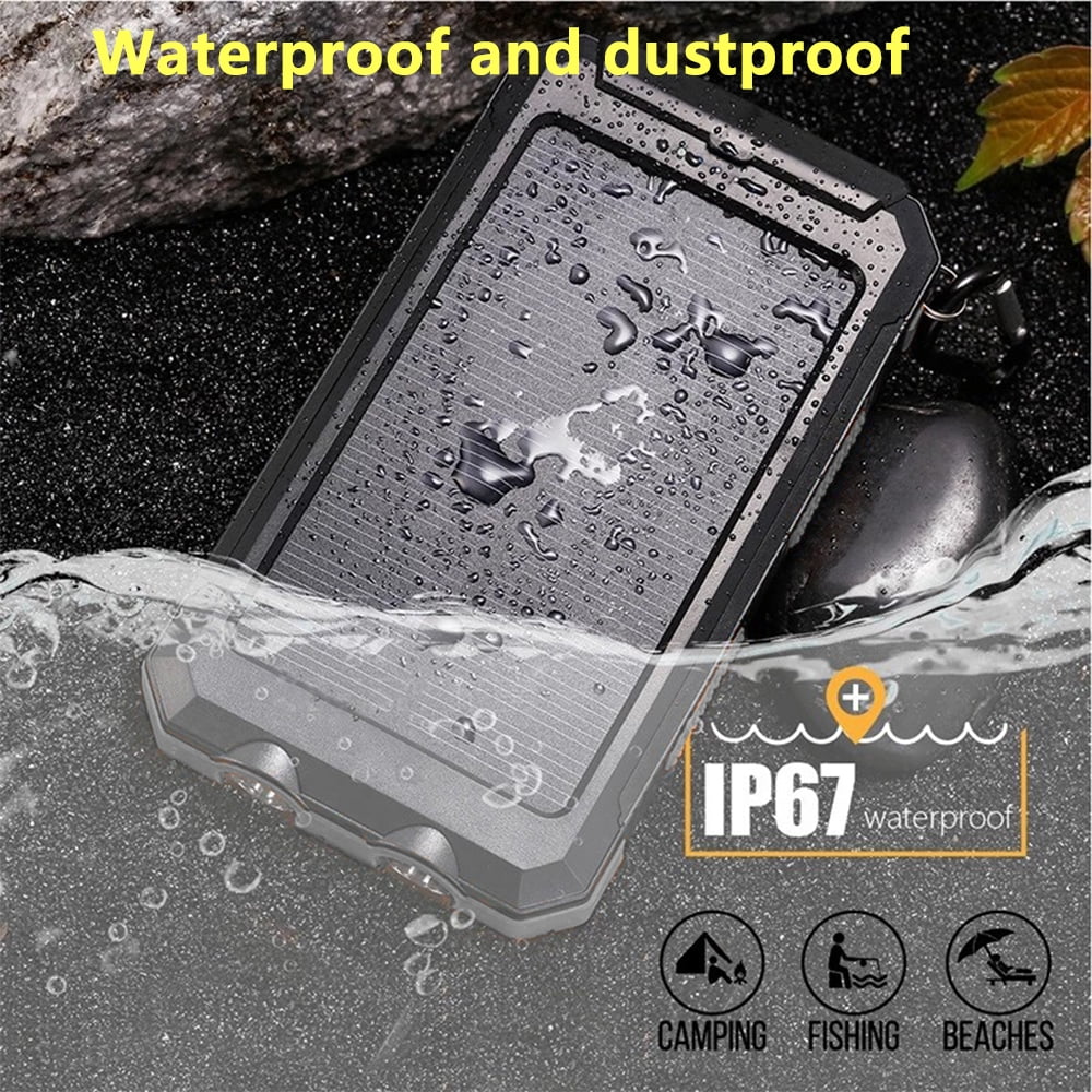 DFITO 10000mAh Solar Power Bank for Cell Phone iPhone, Portable Solar Charger with Dual 5V USB Ports, 2 Led Light Flashlight, Compass Battery Pack for Outdoor Camping Hiking ,Black