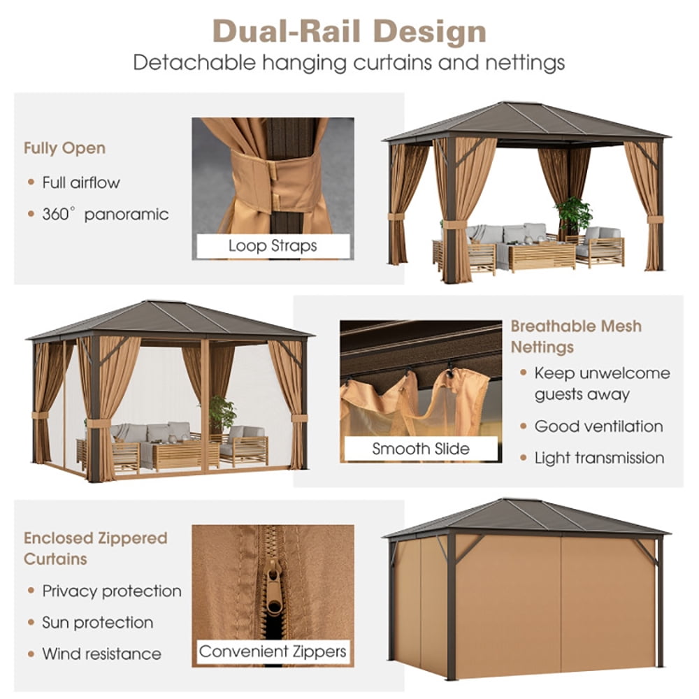 Aimee Lii 12 x10 Feet Outdoor Hardtop Gazebo with Galvanized Steel Top and Netting, Backyard Canopy Gazebo for Party Wedding BBQ Events, Brown