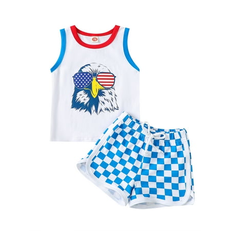

jaweiwi Baby Toddler Boys 4th of July Shorts Clothes Set 0 6M 12M 18M 24M 2T 3T Eagle Print Tank Top with Elastic Waist Plaid Shorts Summer Outfit for Independence Day