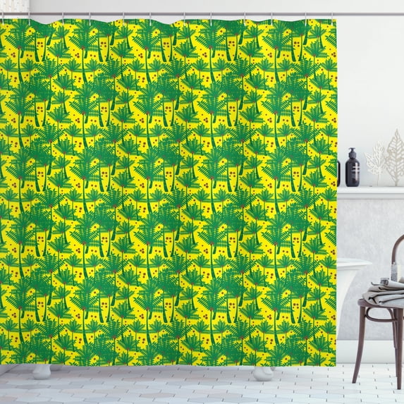 Tropical Shower Curtain, Exotic Plants Illustration with Coconut Fruits Hanging on a Tree, Fabric Bathroom Set with Hooks, 69W X 75L Inches Long, Yellow Green and Caramel, by Ambesonne