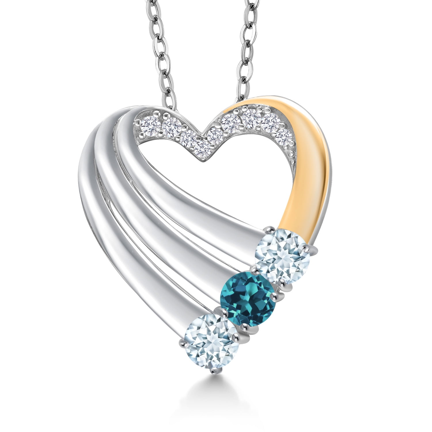 925 Silver and 10K Yellow Gold Sky Blue Aquamarine and London Blue Topaz and White Lab Grown Diamond Heart Pendant for Women | 0.93 Cttw | Gemstone March Birthstone | With 18 inch Chain