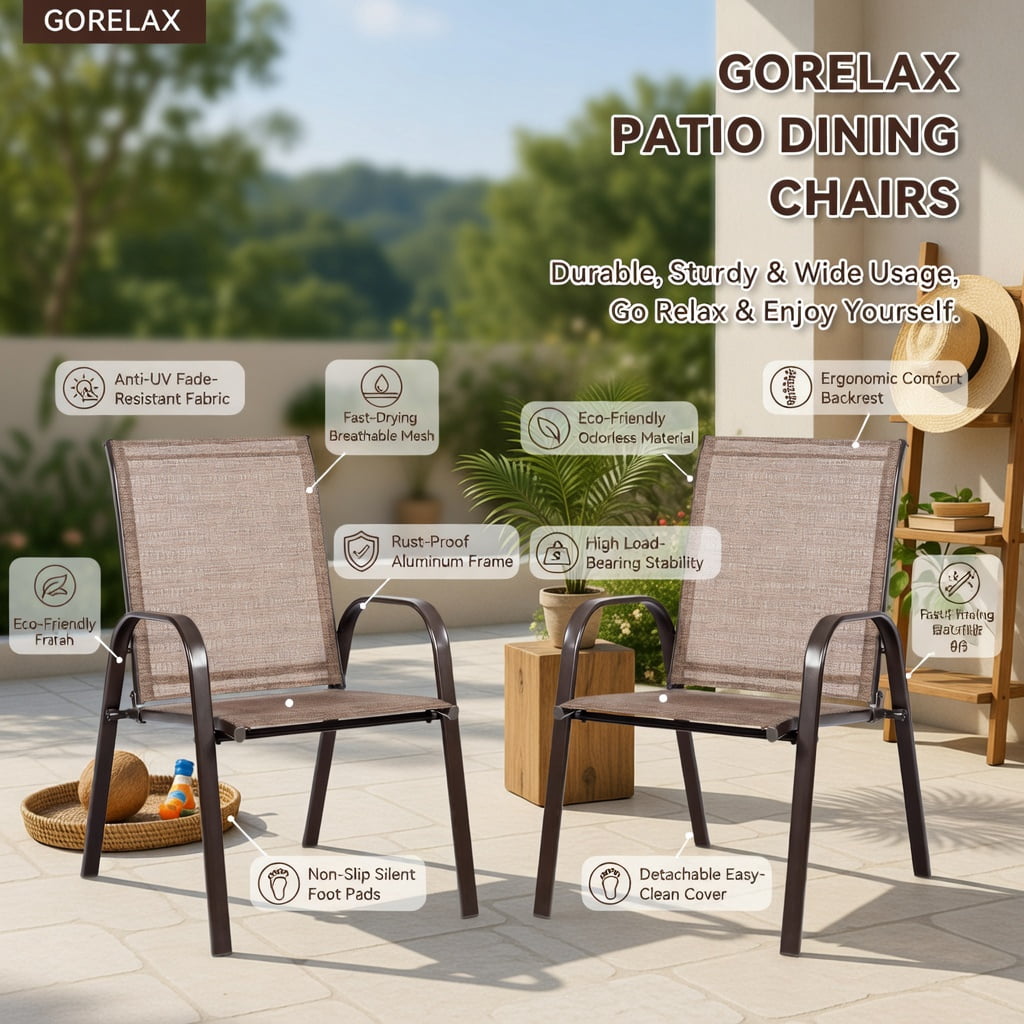 Hommoo 2-Pack Outdoor Patio Dining Chairs with Armrests, Heavy-Duty Steel Frame, Breathable Fabric, Indoor/Outdoor Use, Brown