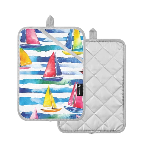 Yayeee Pot Holders Kitchen Heat Resistant with Pocket 7"x9.8" Cotton Oven Cooking Hot Pads, Yellow Hand Drawn Sailboats