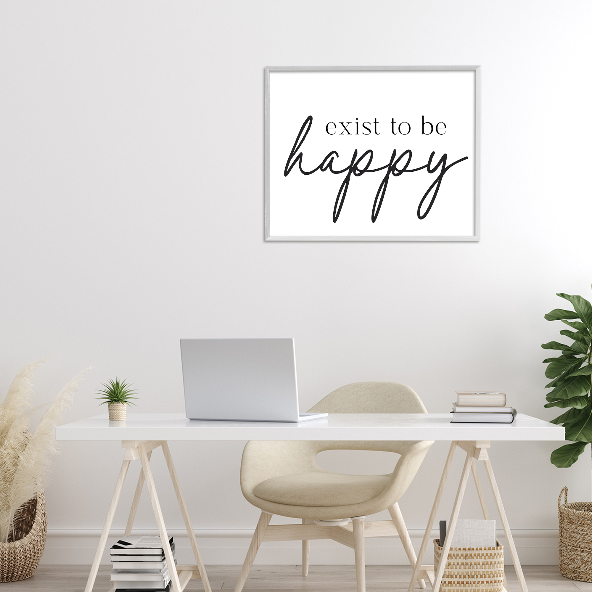 Exist To Be Happy White Framed Giclee Art, design by Lettered and Lined