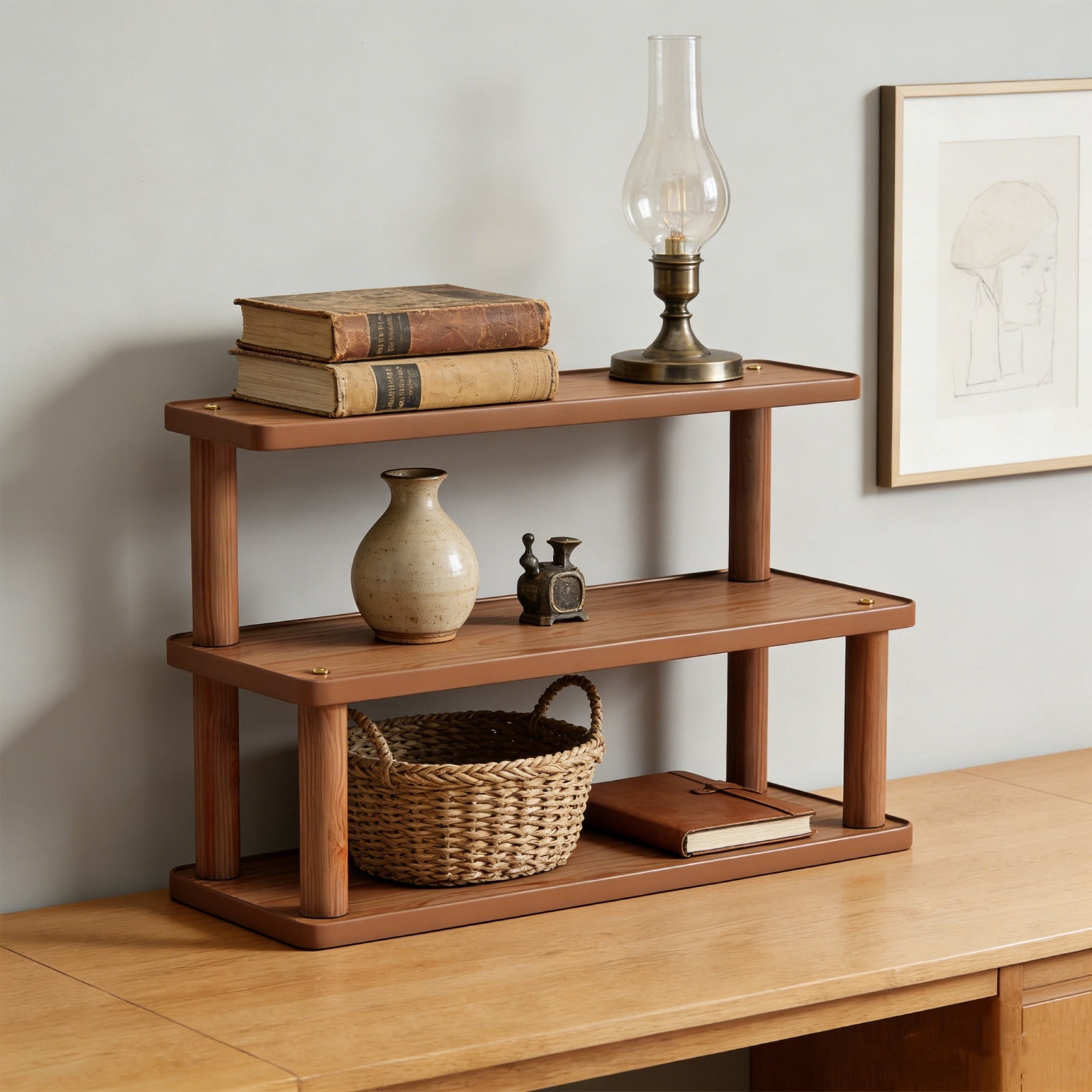 DefiDgd 3-Layer Wooden Style Desktop Organizer Shelf,Computer Desk Storage Shelf Multi Functional Desk Organizer for Home Office Dorm Room Accessories