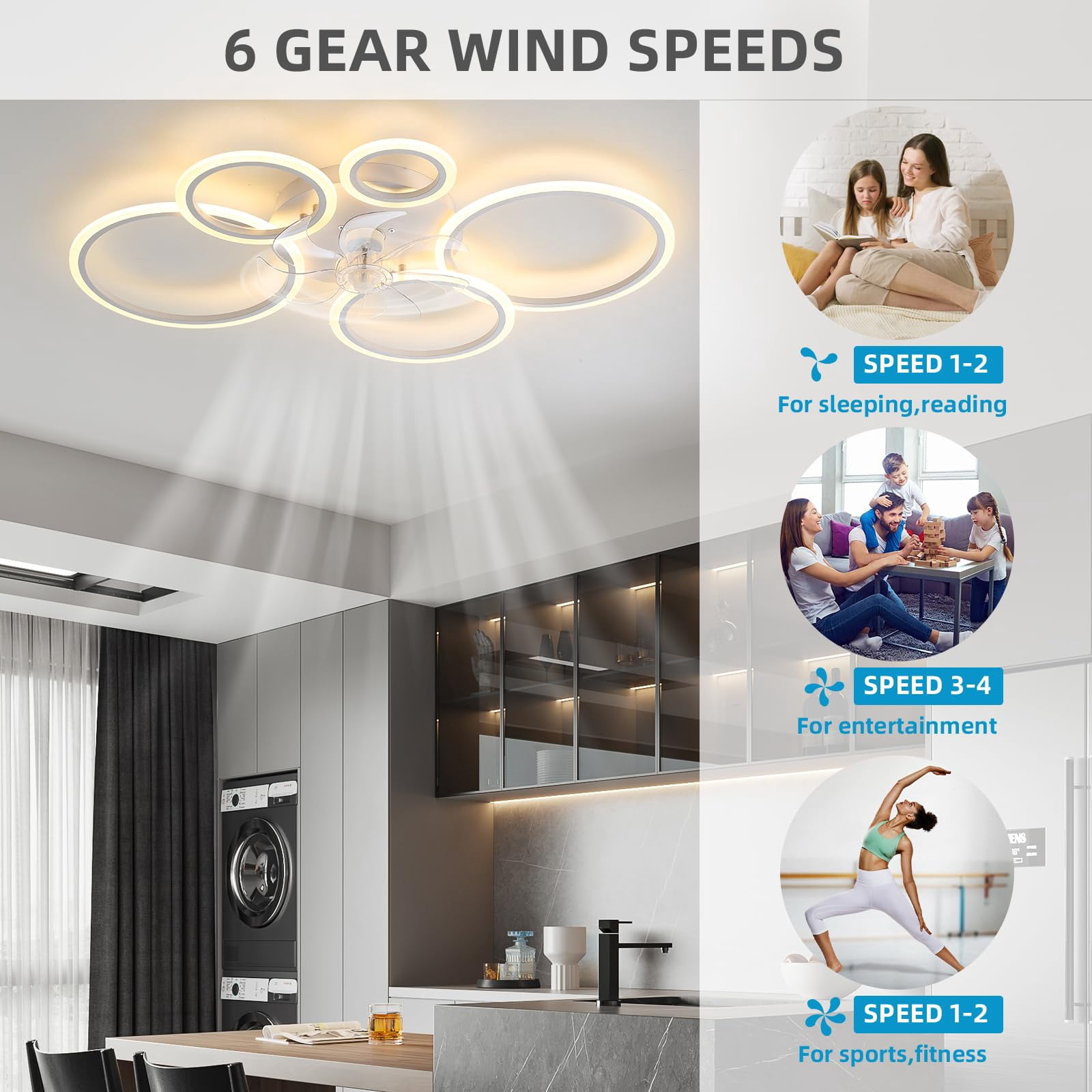 39.4'' Ceiling Fan with Light and Remote Control ，Low-Profile Modern Flush Mount Installation, Dimmable with 6 Speed Options for Bedrooms, Living Rooms, Dining Rooms, and Kitchens