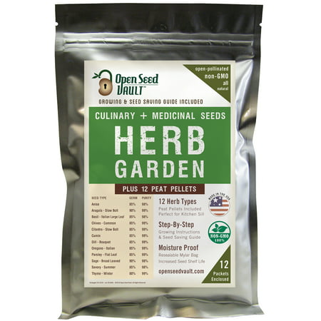 100% NON-GMO Heirloom Culinary and Medicial Herb Kit - 12 popular Easy-to-Grow Herb Seeds by Open Seed Vault - includes 12 seed starting peat