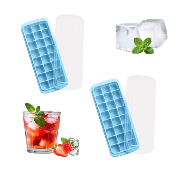 Ice Tray Silicone Set of 2,Silicone Ice Trays for Freezer with Spill-Resistant Removable Lid,Stackable Ice Cube Trays,24 Cubes Square Ice Cube Mold,BPA Free,Reusable Silicone Ice Cubes.(Blue)