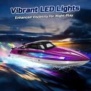 RC Boat for Kids, Remote Control Boats for Lakes and Pools, Wefone WF17 15+ MPH Summer Toys with LED Lights, Demo, 2 Batteries up to 40 Mins, Purple