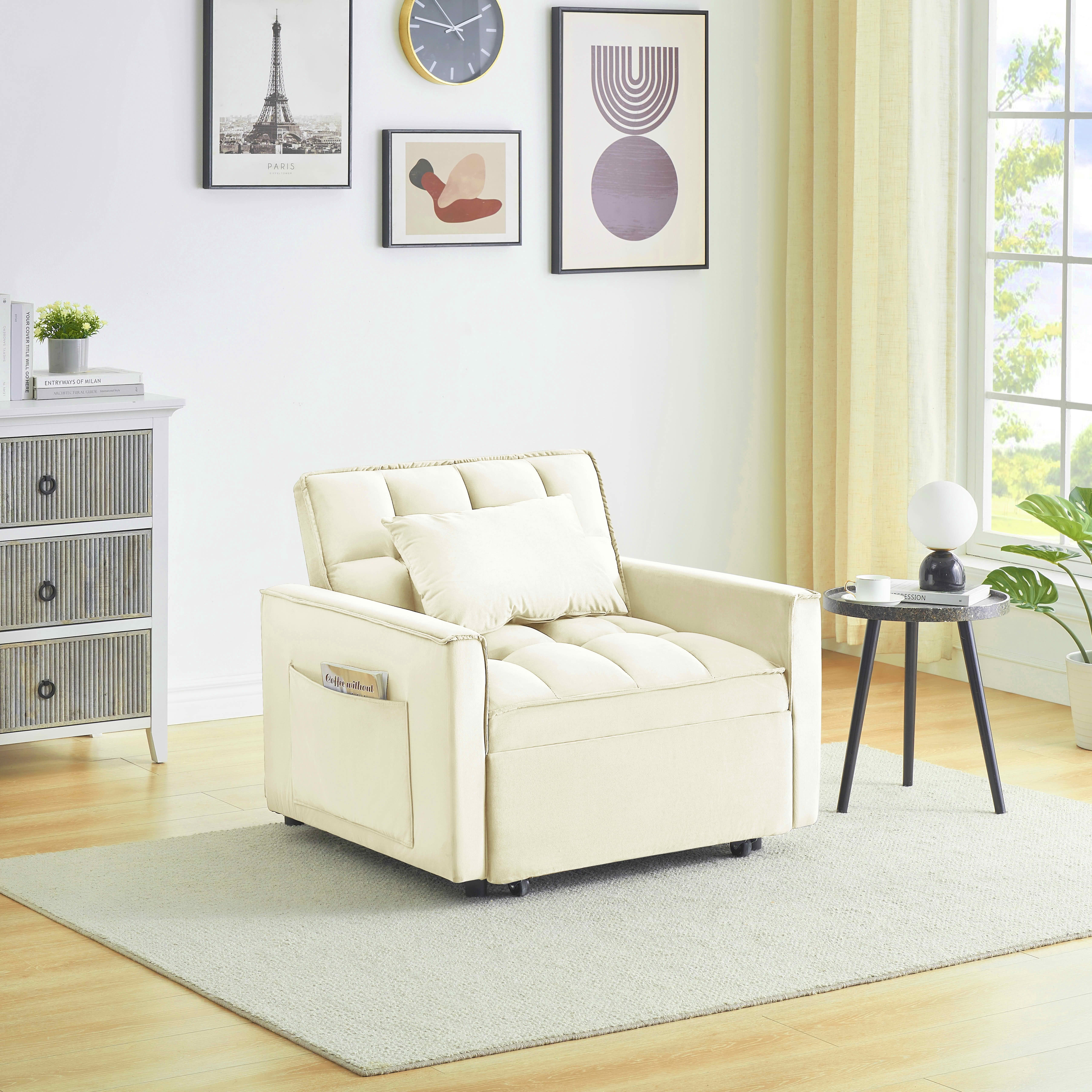 MAYEERTY White Velvet 3-in-1 Convertible Single Sofa Bed Chair, Multi-Angle Adjustable Back Recliner with Rolled Arms for Small Spaces