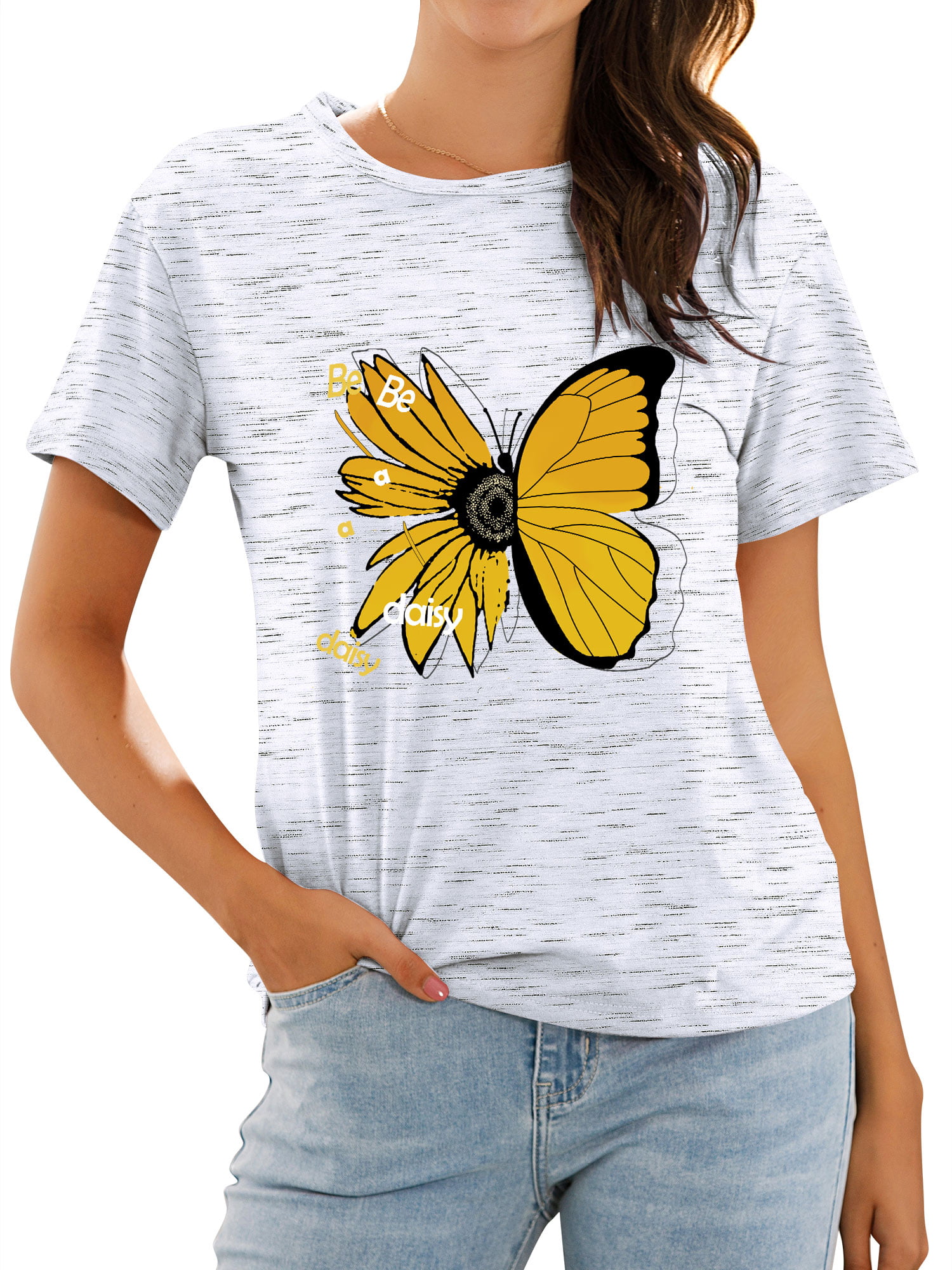 Twzh Women Butterfly Floral Graphic Print Be A Daisy Short Sleeve T