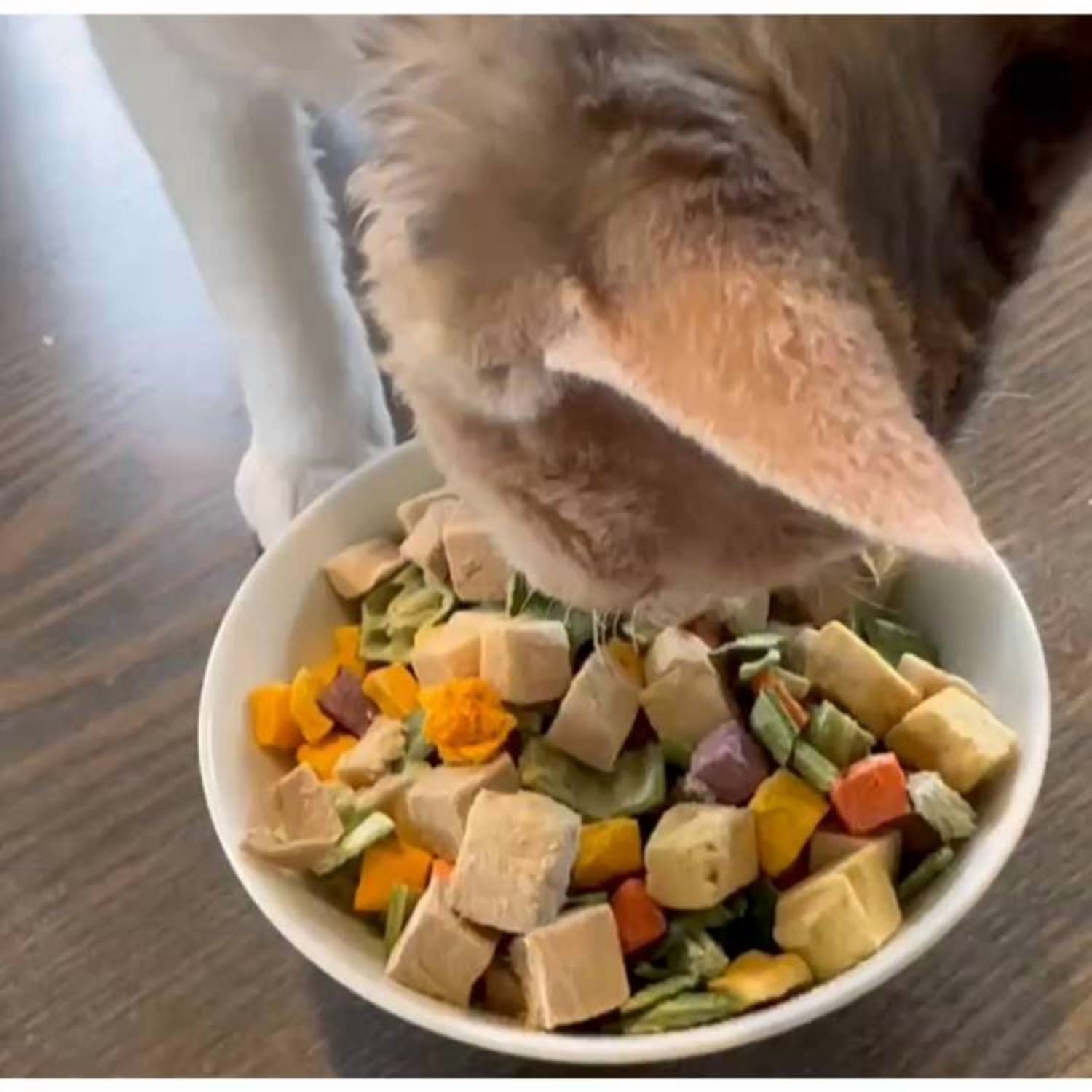 320g/11.2ozPamily Freeze Dried Cube Pet Treats Mixed Flavor for Dogs-Chicken, Duck, Egg Yolk, Purple sweet potato, Pumpkin, Carrot, Okra