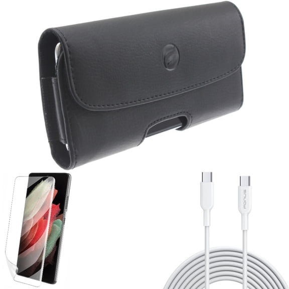 10ft Long Type-C Cable w Case Belt Clip w Matte Screen Protector for Samsung Galaxy S21 Plus - Fast Charger Cord PD, Leather Holster, TPU Film Anti-Glare Accessory Bundle