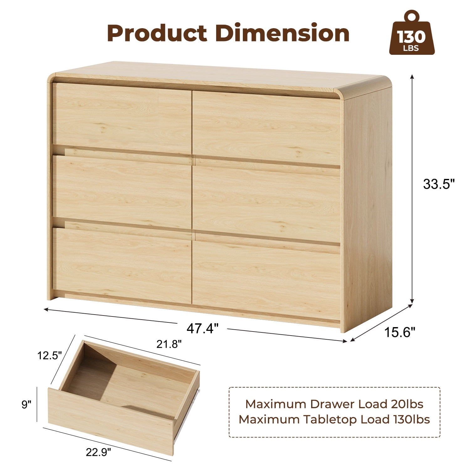 JULY'S SONG Modern 6 Drawer Dresser with Curved Edges Design, 47" Wide Wood Dresser for Bedroom, Chest of Drawers w/Natural Texture for Living Room, Light Brown