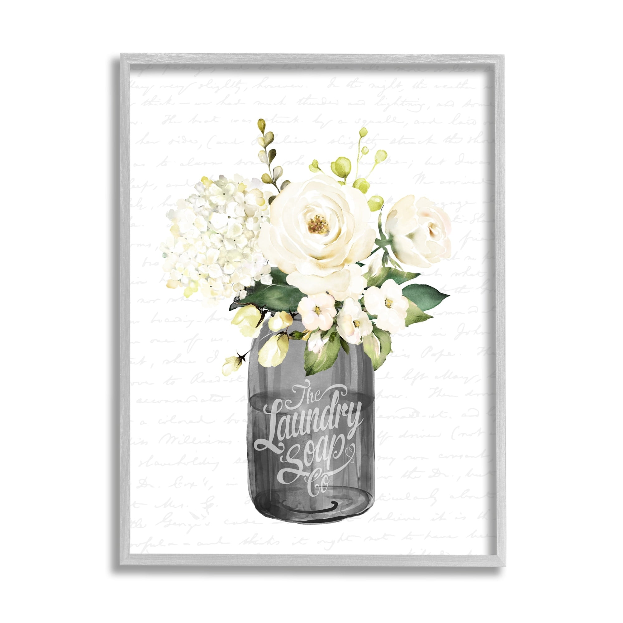 Stupell Industries White Flower Blossoms Laundry Jar Fancy Script Graphic Art Gray Framed Art Print Wall Art, Design by Lettered and Lined
