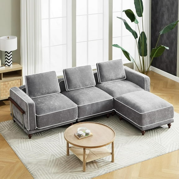 113" L Shaped Chenille Modular Sectional Sofa with Ottoman, Supportive Light Gray Cloud Couch, High Resilience Foam Chenille Couch, Removable Washable Covers for Living Room