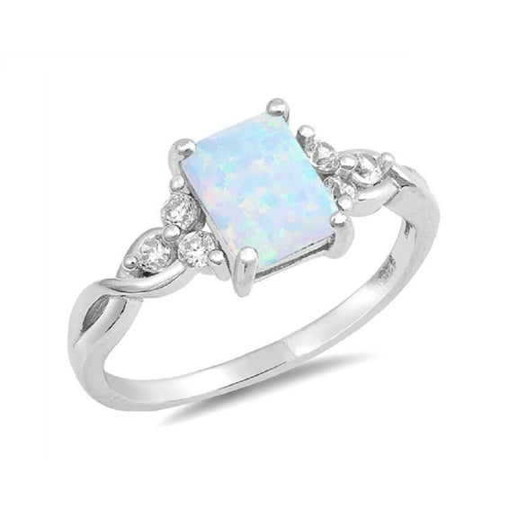 Rectangular White Simulated Opal With Clear Cubic Zirconia Designer Sides Ring Sterling Silver