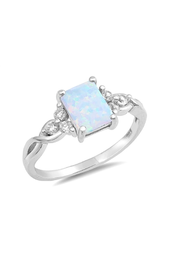 Rectangular White Simulated Opal With Clear Cubic Zirconia Designer Sides Ring Sterling Silver